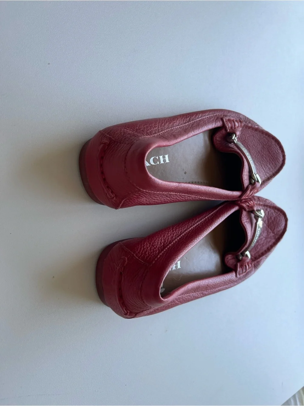 Coach Women's Pink-Red Pebbled Leather Loafers with Silver Hardware